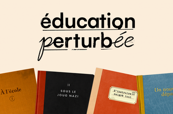 Quatre livres aux titres en français sont alignés sous l'inscription « éducation perturbée », en caractères gras, sur un fond clair. Les livres sont partiellement ouverts, laissant apparaître des couleurs de couverture et des polices de caractères variées.