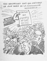 Caricatured drawing of an arm holding a document with French writing on it and a crowd of men standing below it, French writing at the top of the drawing.