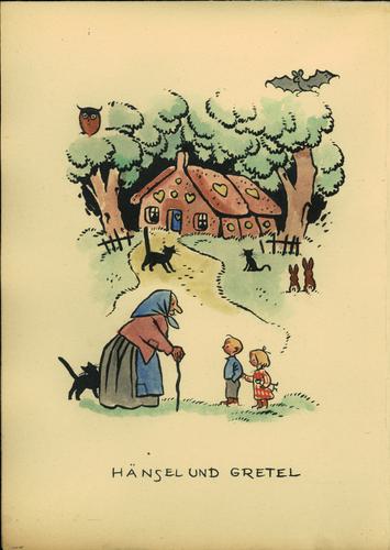 Illustration d’une femme âgée et de deux enfants devant une une maison, une forêt et des animaux. Sous l’image, il est écrit « Hänsel und Gretel ».