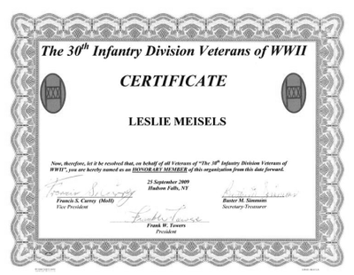 Leslie's honorary membership in the 30th Infantry Division Veterans of World War II, awarded after he was reunited with his liberators. Hudson Falls, NY, 2009.