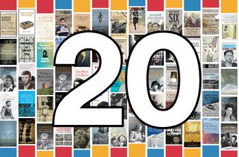 Collage of many book covers with a large white number 20 in the center, bordered by a colorful frame of red, blue, and yellow rectangles.