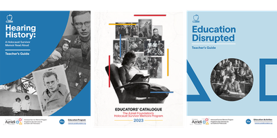 Three educational guide covers: one on hearing history with black-and-white portraits, a Holocaust educators catalogue with a collage and a person reading, and one titled Education Disrupted with abstract blue shapes.