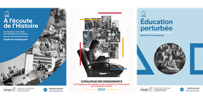 Trois couvertures de guides pédagogiques en français. Ces couvertures présentent diverses photos d'élèves et d'enseignants, dans des tons de bleu et de blanc, ainsi que des textes liés à l'histoire et aux programmes scolaires.