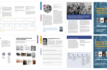 A collage of educational booklet pages featuring text, diagrams, photos of people, and blue covers.