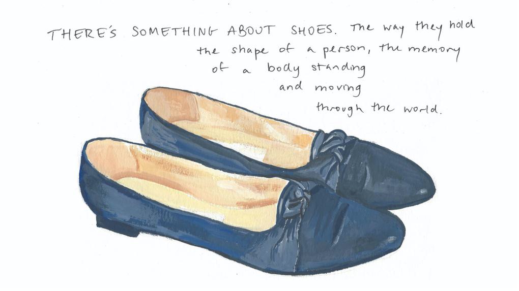 Pair of blue flats with bows, accompanied by introductory text: There's something about shoes. The way they hold the shape of a person, the memory of a body standing and moving through the world.