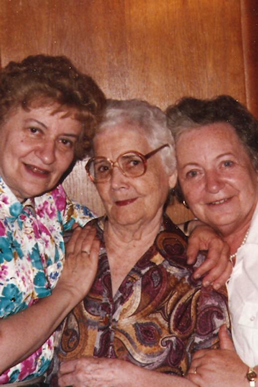 Mary (right) reuniting with with her sister, Helen (left), and Krystyne Panek, who provided their false identities during the war, thus saving their lives. Toronto, date unknown.