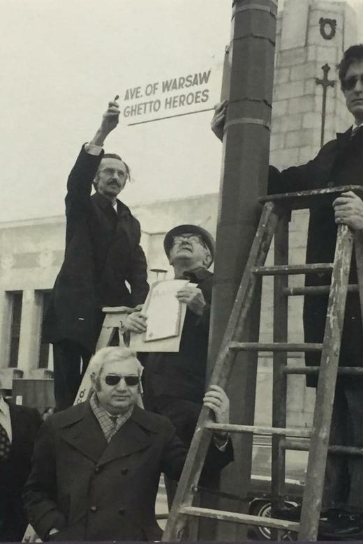 Rabbi Weizman (centre, looking up) at the annual ceremony at the start of Holocaust Awareness Week when a street is renamed “Avenue of the Warsaw Ghetto Heroes.” Winnipeg, Manitoba, date unknown. Courtesy of the Jewish Heritage Centre of Western Canada.
