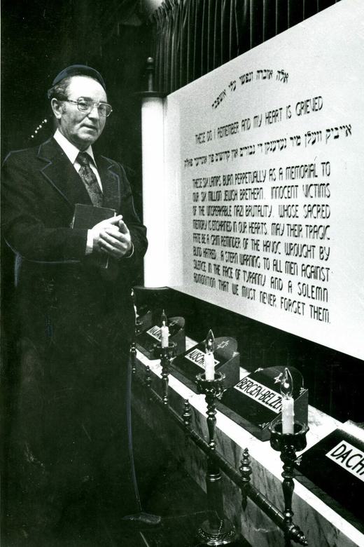 Rabbi Peretz Weizman at a Holocaust memorial. Date and place unknown.