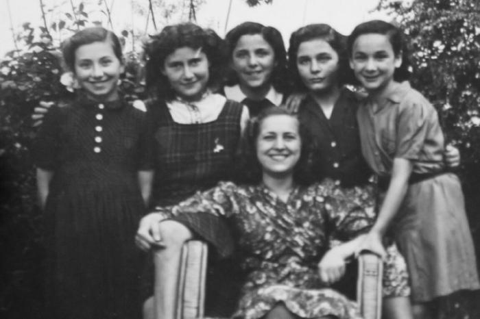 Ann top left with her Grade 6 class in Brussels after the war BW